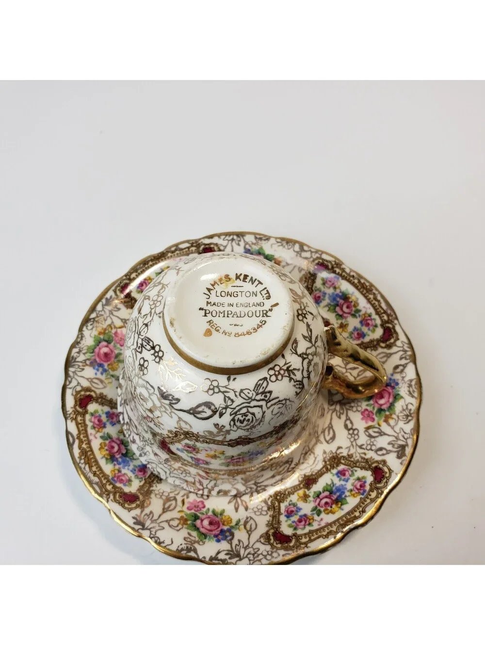 Vintage James Kent Demitasse Teacup & Saucer Pompadour England Gold Floral